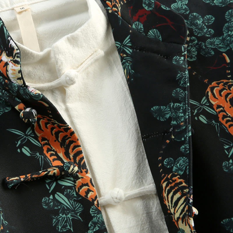 Chinese New Year Forest Tiger Red Cuff Frog-button Tang Suit Men's Jacket Shirt With Pockets