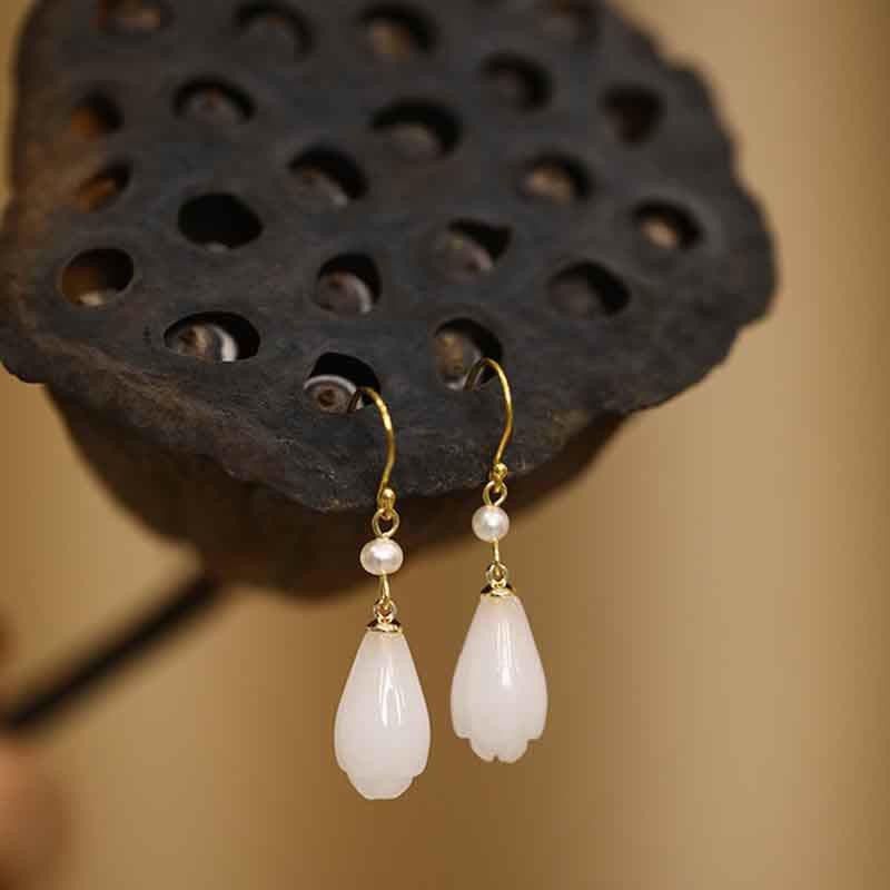 925 Sterling Silver White Jade Magnolia Flower Happiness Drop Earrings