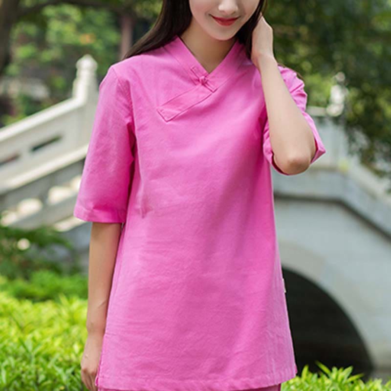2Pcs Half Sleeve V-Neck Shirt Top Pants Meditation Zen Tai Chi Linen Clothing Women's Set
