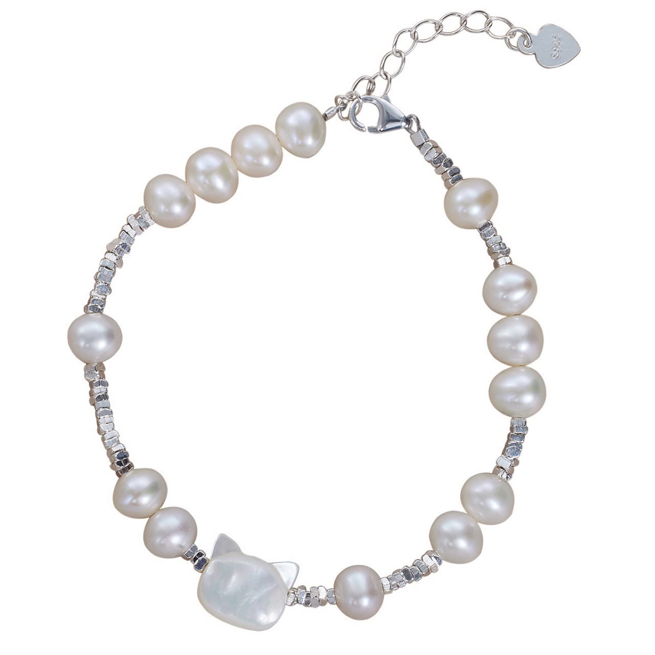Pearl Cat Head Tridacna Stone Silver Chain Healing Bracelet