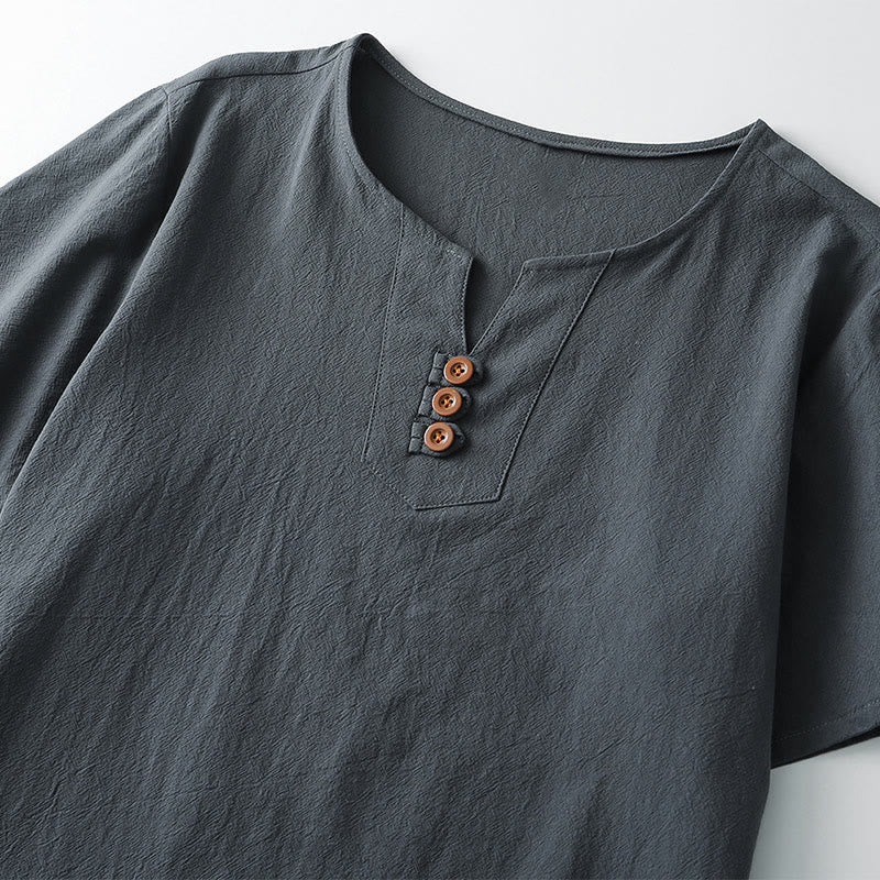Men's T-Shirt Solid Color Top Short Sleeve Three-button V Collar Soft Cotton Shirt