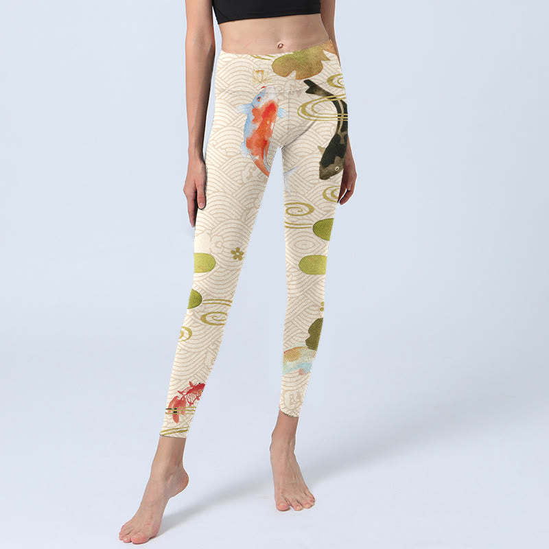 Koi Fish Lotus Leaves Print Gym Leggings Women's Yoga Pants