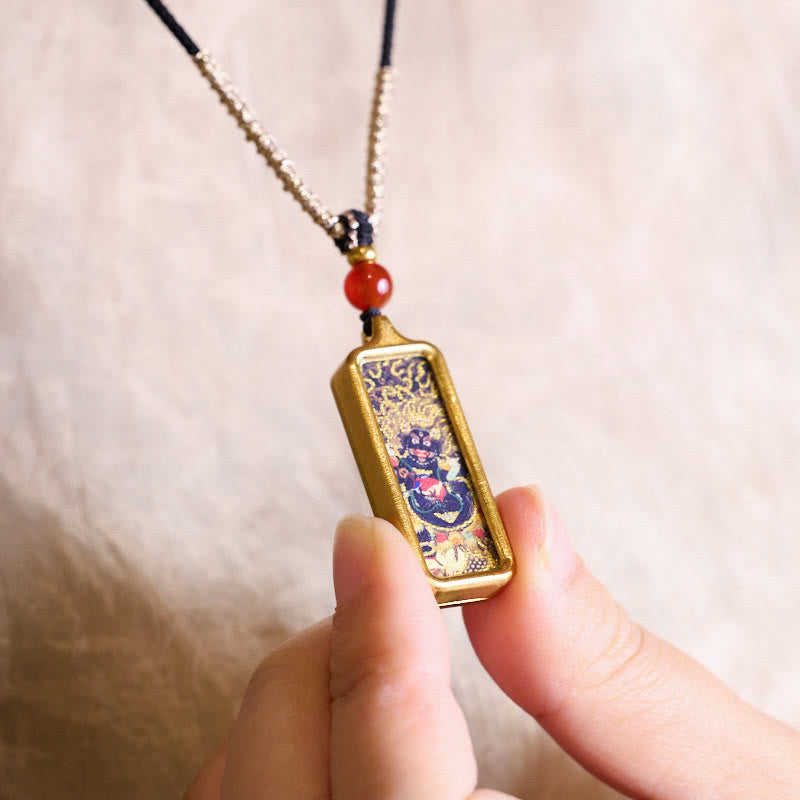Tibet Zakiram Yellow God of Wealth Nine-Tailed Fox Hand-Painted Thangka Calm Necklace Pendant