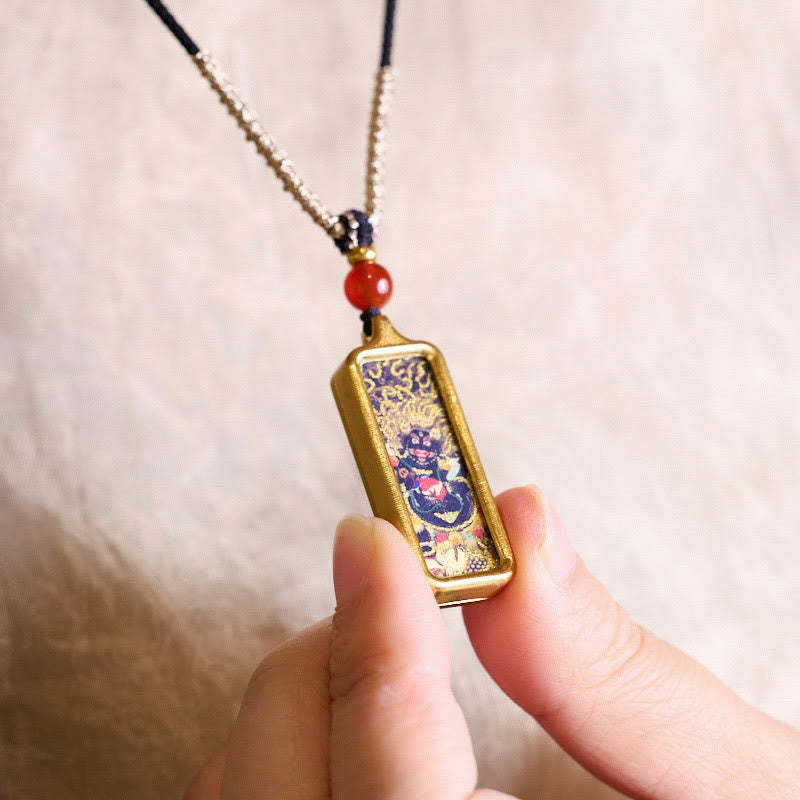 Tibet Zakiram Yellow God of Wealth Nine-Tailed Fox Hand-Painted Thangka Calm Necklace Pendant