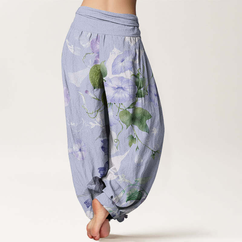 Entwined Morning Glories Pattern Women's Elastic Waist Harem Pants