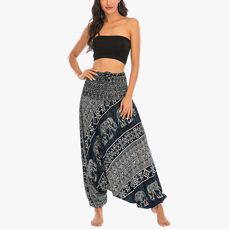 Two Style Wear Elephant Pattern Loose Smocked Harem Trousers Jumpsuit Women's Yoga Pants