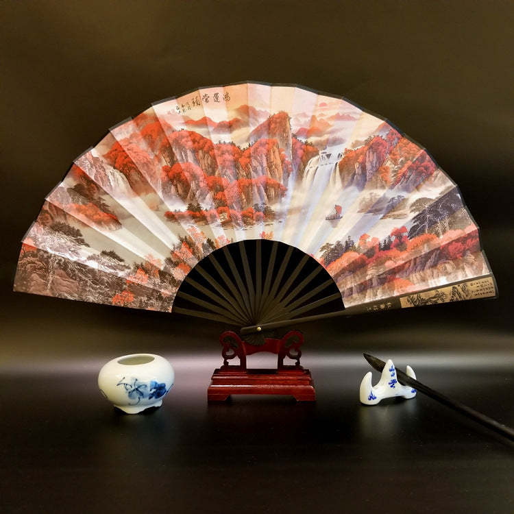 Great Wall Mountains Trees Crane Bamboo Handheld Bamboo Folding Fan 33.5cm