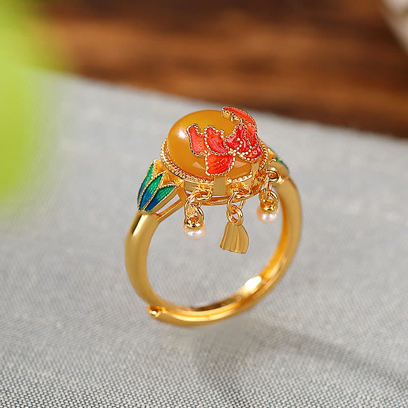 925 Sterling Silver Plated Gold Natural Amber Flower Pearl Confidence Ring Earrings Set