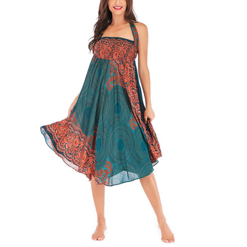 Two Style Wear Bohemian Compass Rose Flower Lace-up Skirt Dress