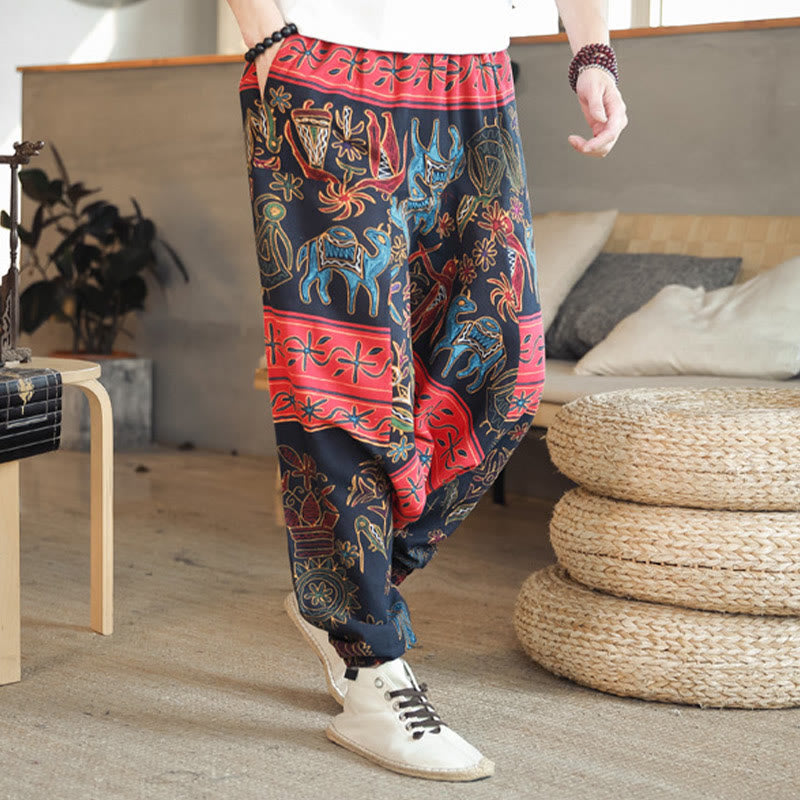 Colorful Camel Figure Pattern Cotton Men's Harem Pants With Pockets