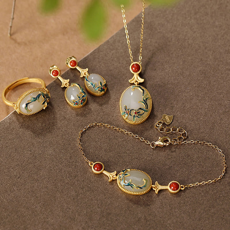925 Sterling Silver Plated Gold Hetian Jade Vine Luck Necklace Pendant Bracelet Ring Earrings