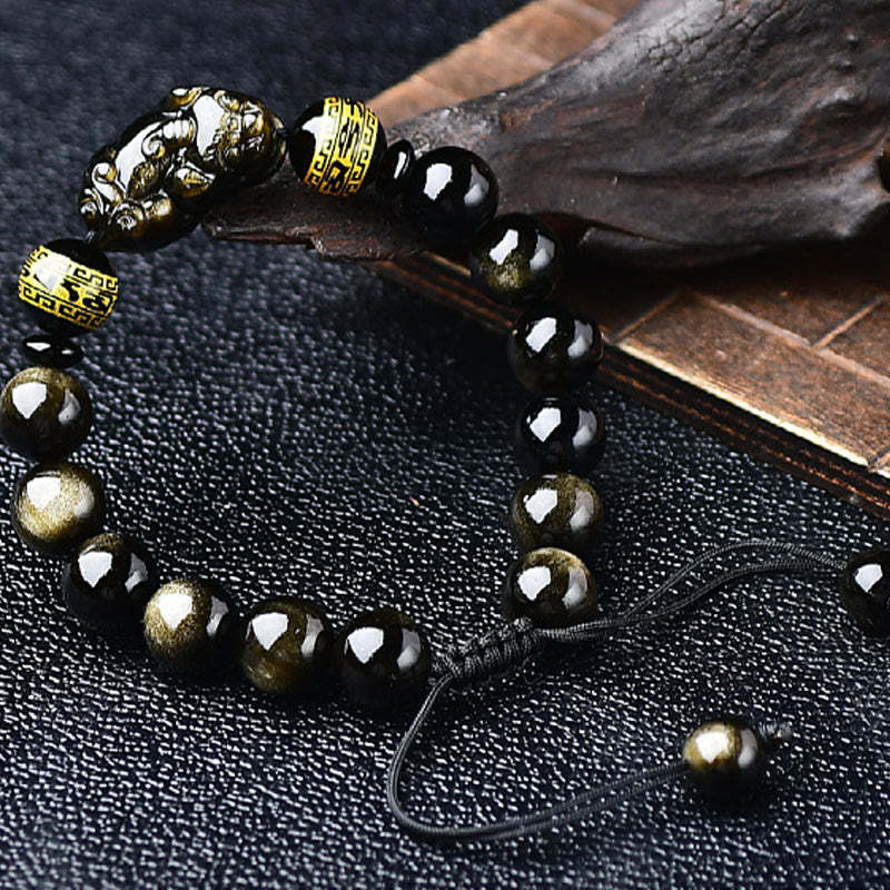Natural Gold Sheen Obsidian PiXiu Om Mani Padme Hum Wealth Braided Bracelet
