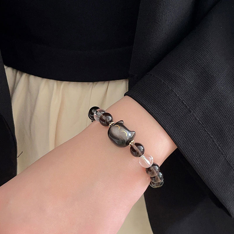 Natural Ice Obsidian Silver Sheen Obsidian Cute Cat Positive Bracelet