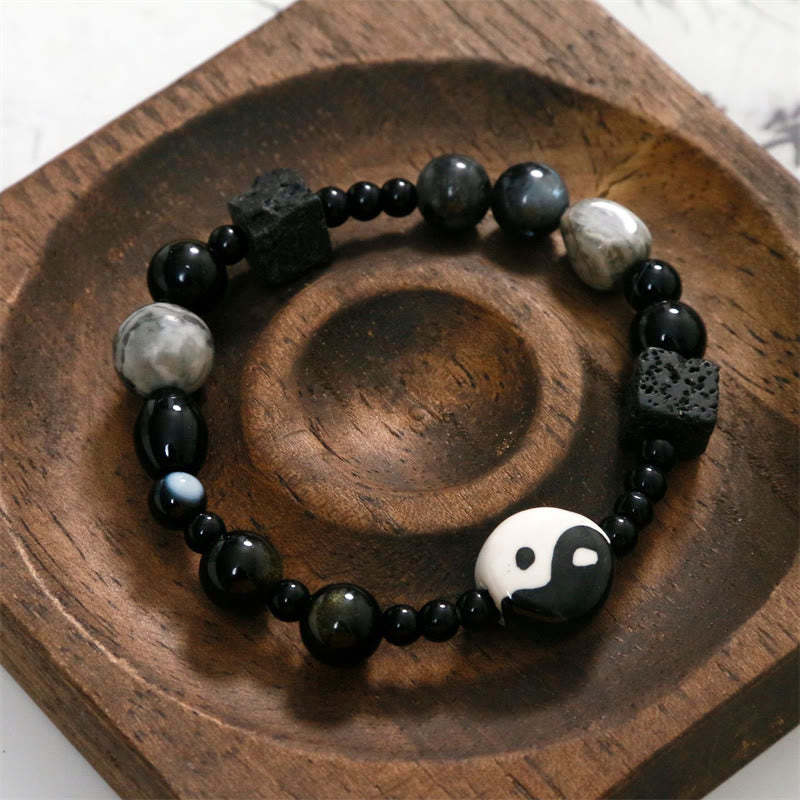 Black Onyx Picasso Jasper Bead Yin Yang Fortune Protection Bracelet