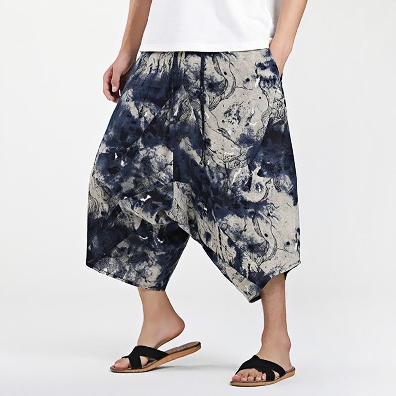 Ethnic Pattern Drawstring 7-8 Length Cotton Men's Harem Pants With Pockets
