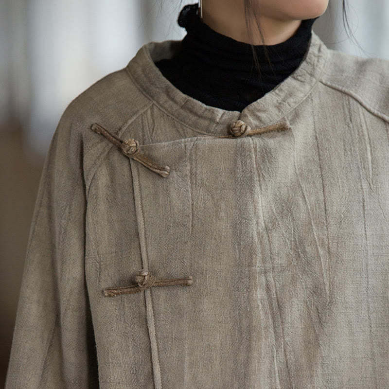 Solid Color Frog-button Thermal Long Sleeve Ramie Linen Women's Shirt