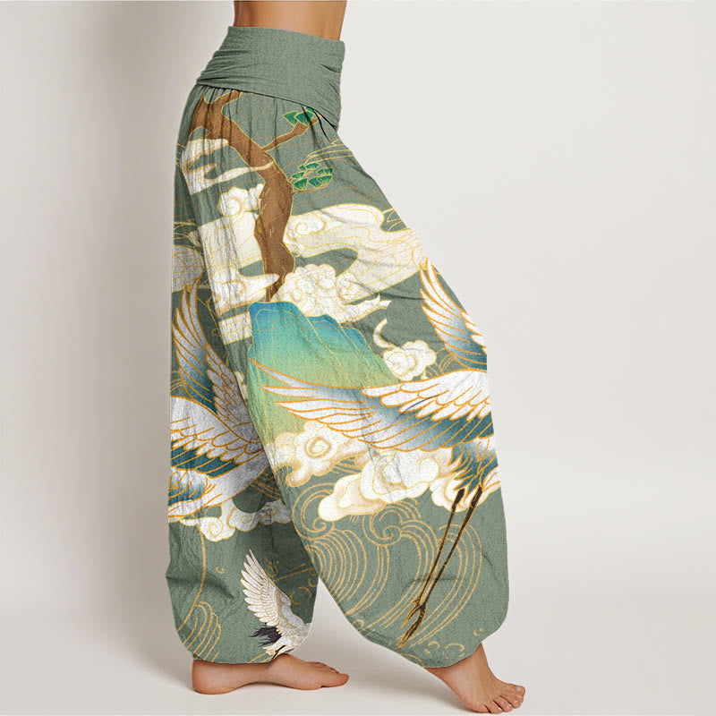 Flying Cranes Auspicious Clouds Tree?women's Elastic Waist Harem Pants