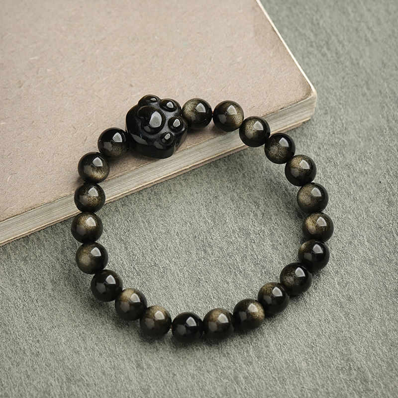 Gold Sheen Obsidian Silver Sheen Obsidian Lovely Paw Lucky Cat Protection Bracelet
