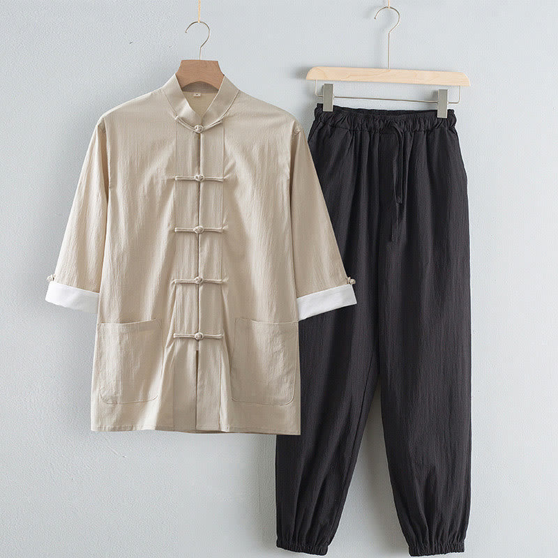 Tang Frog-Button Three Quarter Sleeve Shirt Pants Men's Suit
