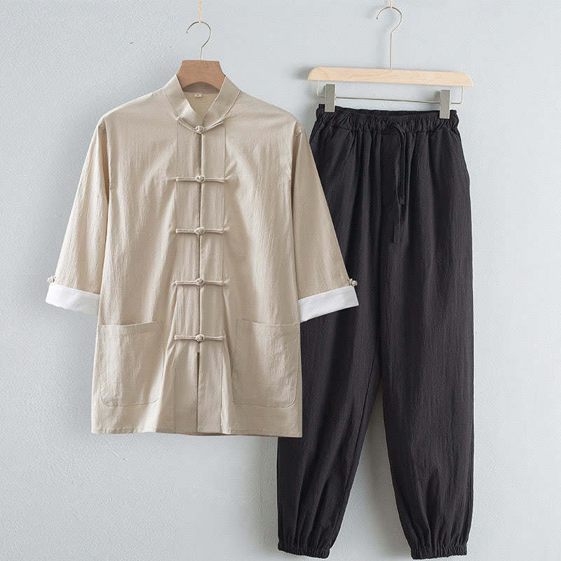 Tang Frog-Button Three Quarter Sleeve Shirt Pants Men's Suit