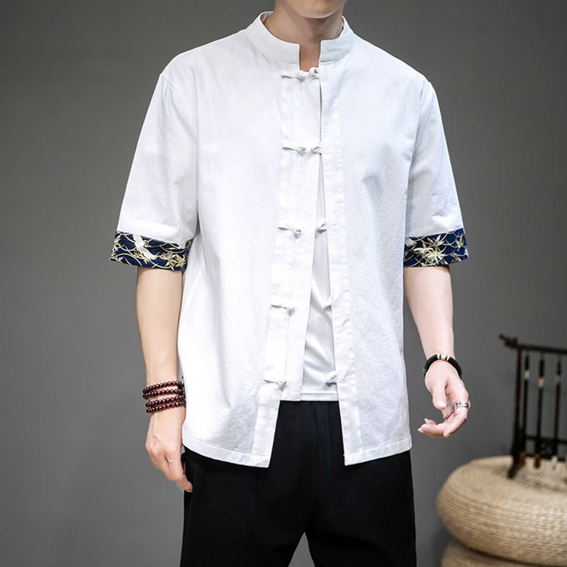 Frog-Button Chinese Tang Suit Half Sleeve Crane Shirt Jacket Linen Men Clothing