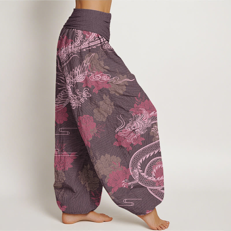 Dragons Roses Auspicious Clouds Phoenix Women's Elastic Waist Harem Pants