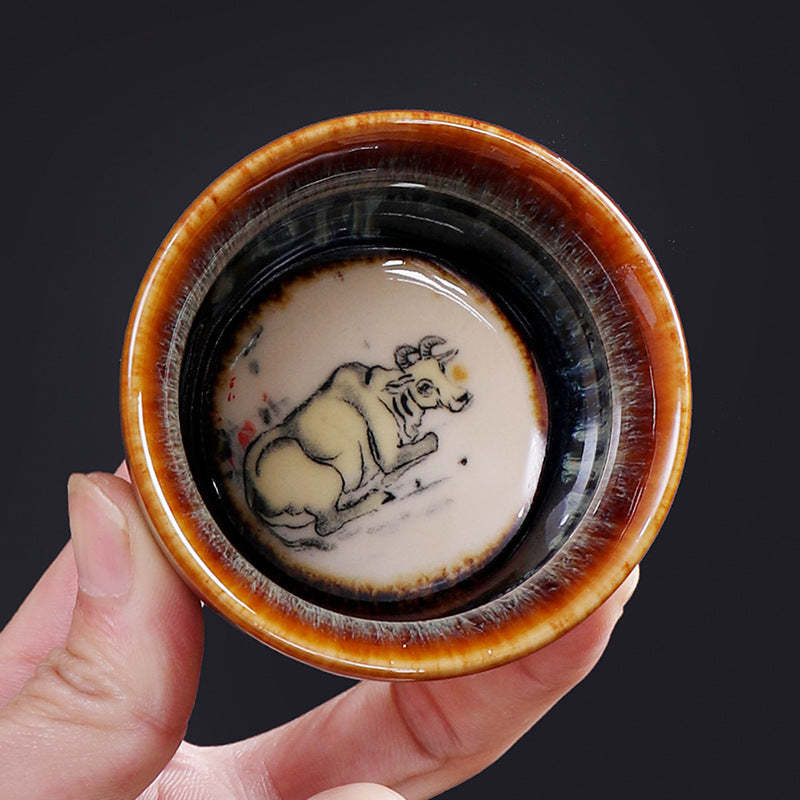 12 Chinese Zodiac Pattern Ceramic Teacup Kung Fu Jian Chinese Zhan Tea Cup 73ml