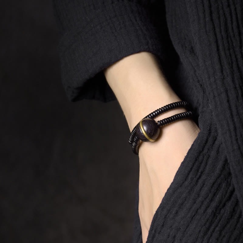 Ebony Wood Copper Brass Balance Ball Cuboid Double Wrap Bracelet Necklace