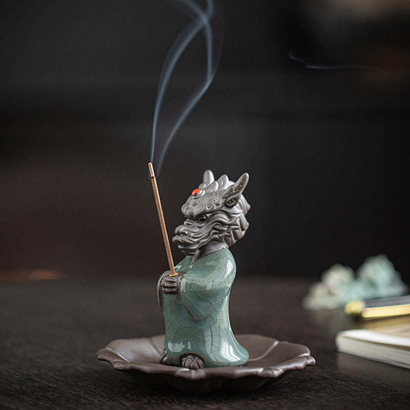 Praying Dragon King Lotus Base Fu Character Ceramic Healing Incense Burner Desk Decoration