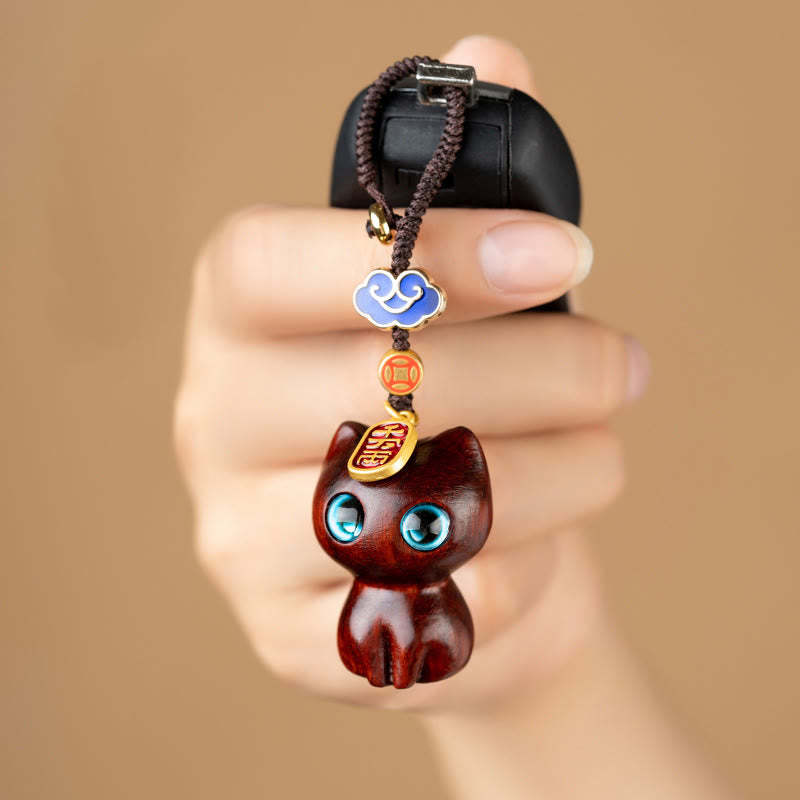 Small Leaf Red Sandalwood Ebony Wood Lucky Cat Protection Key Chain Phone Hanging Decoration