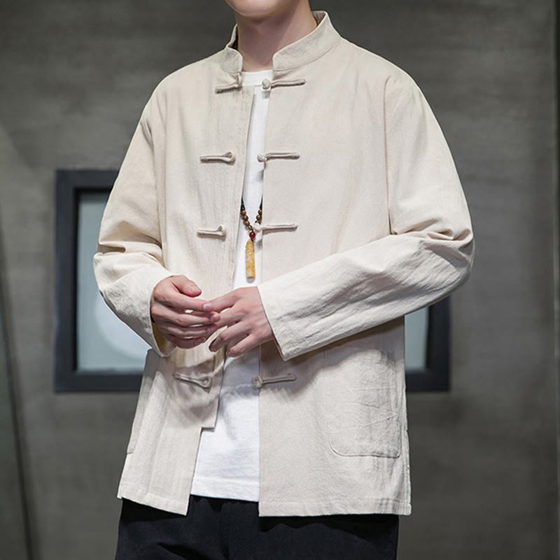 Solid Color Frog-button Tang Suit Cotton Linen Men's Jacket Shirt With Pockets