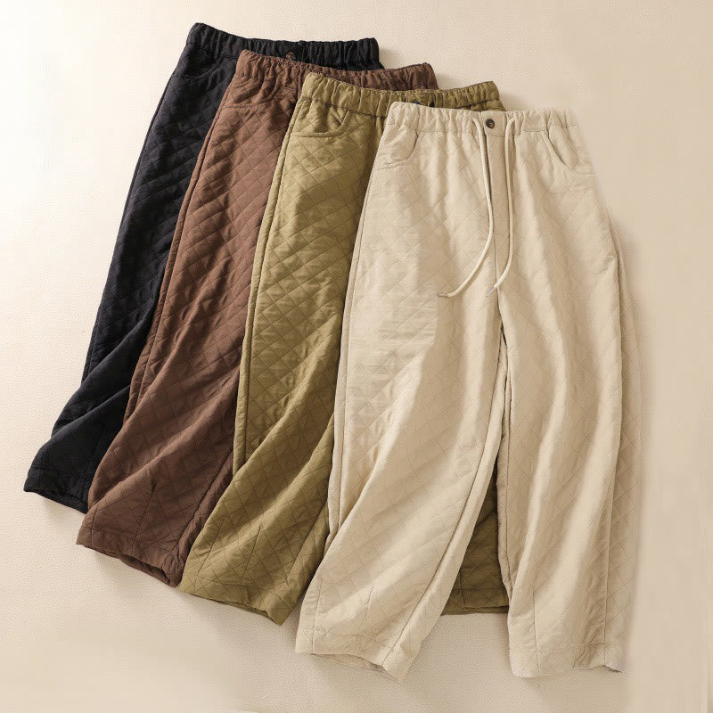 Fall Winter Simple Plaid Cotton Drawstring Harem Pants With Pockets
