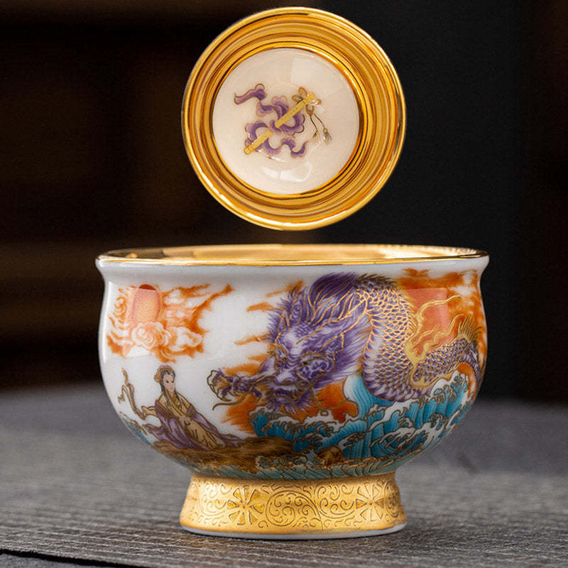 Golden Eagle Auspicious Dragon Sun Ocean Waves Gilt Ceramic Teacup Kung Fu Tea Cup