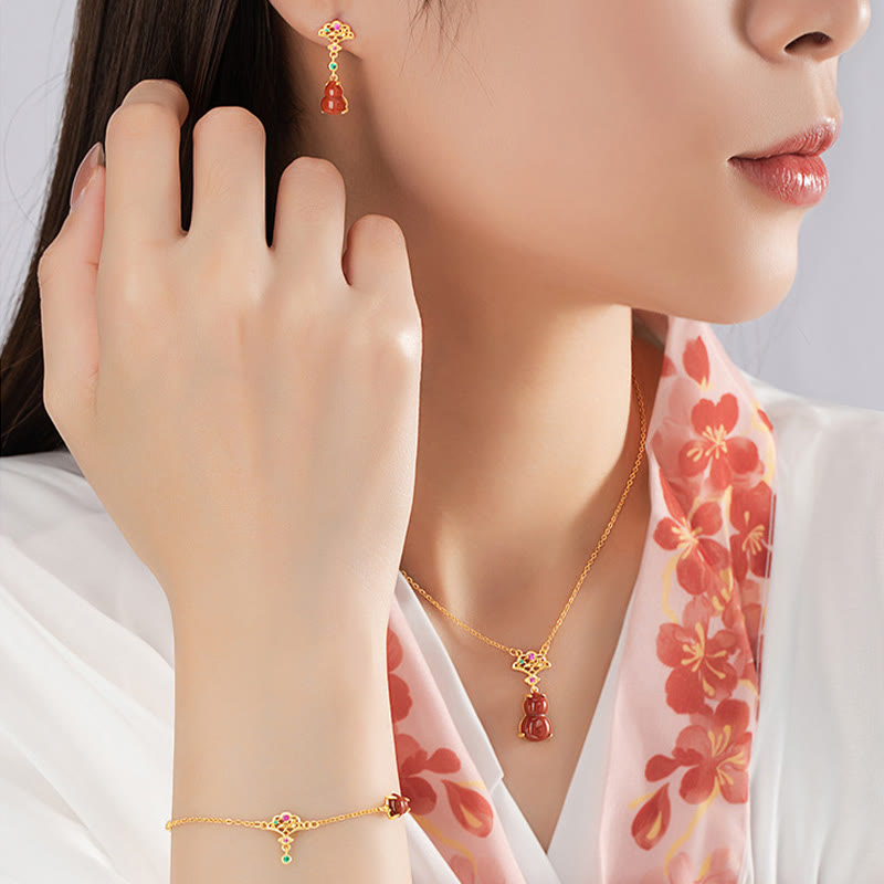 925 Sterling Silver Red Agate Gourd Auspicious Clouds Confidence Bracelet Necklace Pendant Earrings Set