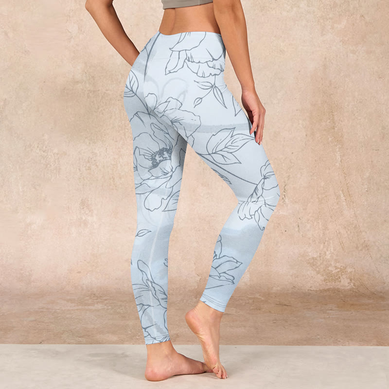 Peony Flower Leaves Print Gym Leggings Women's Yoga Pants
