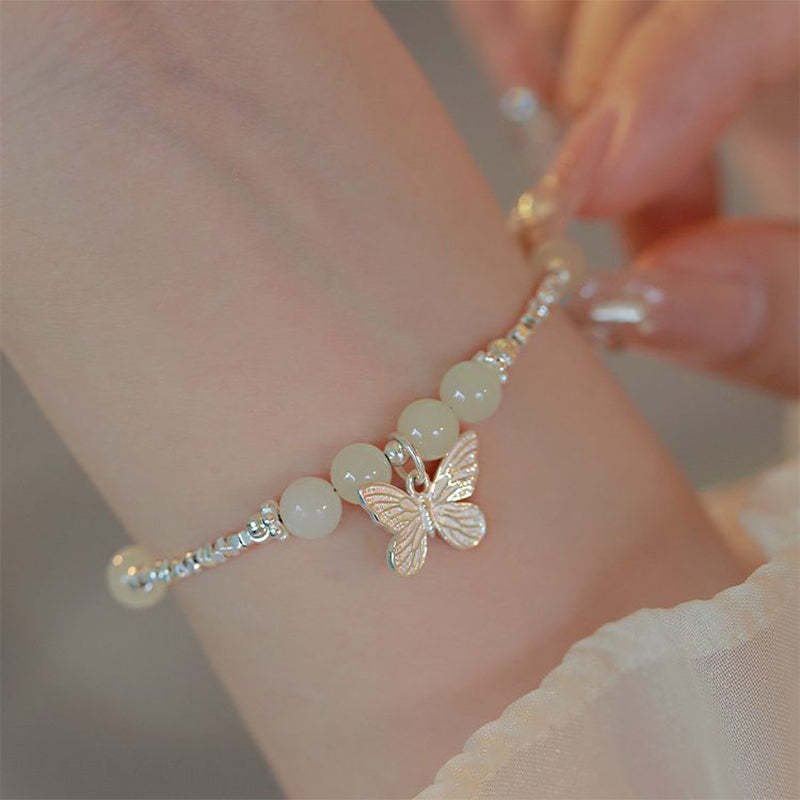 925 Sterling Silver Natural Hetian Jade Luck Butterfly Charm Bracelet
