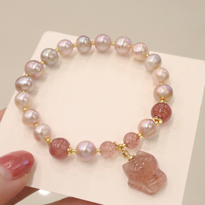 Natural Pearl Strawberry Quartz Cute Fox Love Healing Charm Bracelet