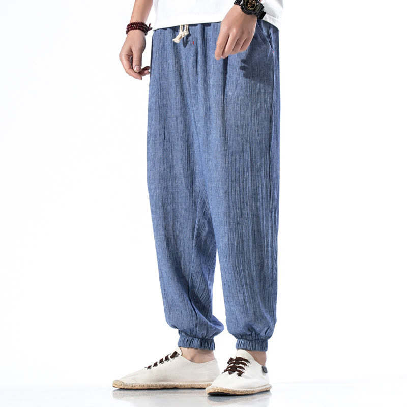 Casual Solid Color Drawstring Linen Men's Pants With Pockets