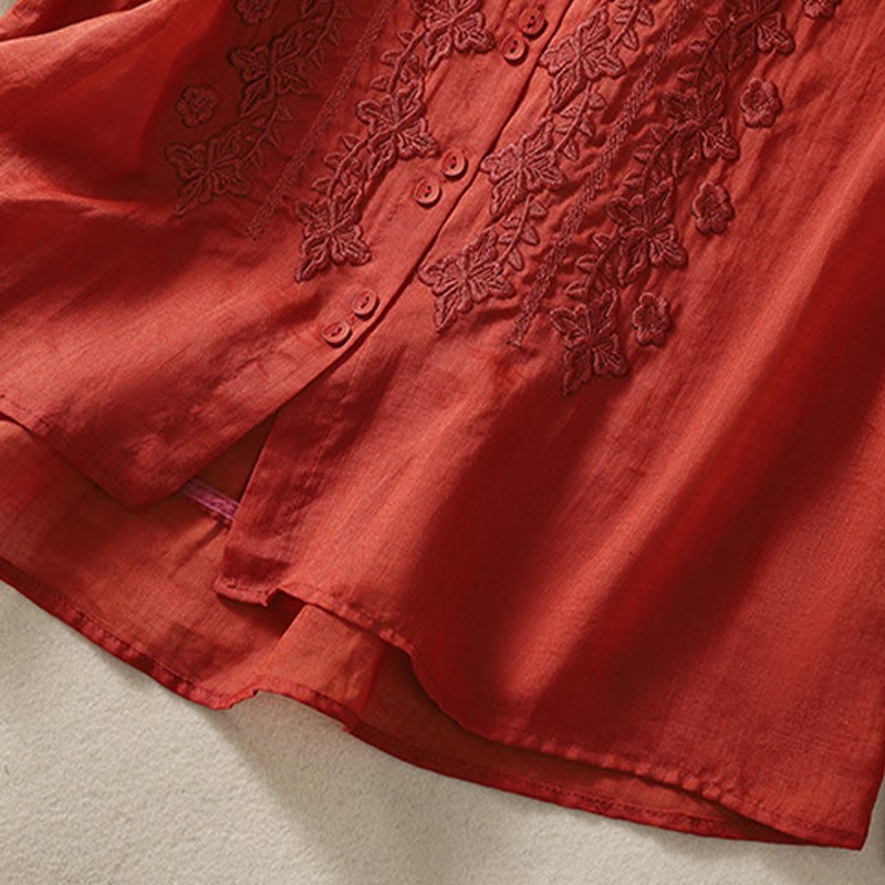 Summer Plain Button Embroidery Flower Pattern Three Quarter Sleeve Lapel Cotton Linen Women's Shirt
