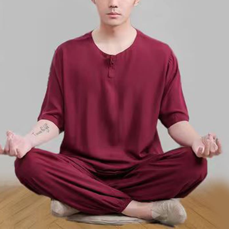 2Pcs Half Sleeve T-Shirt Pants Meditation Zen Tai Chi Cotton Linen Clothing Unisex Set