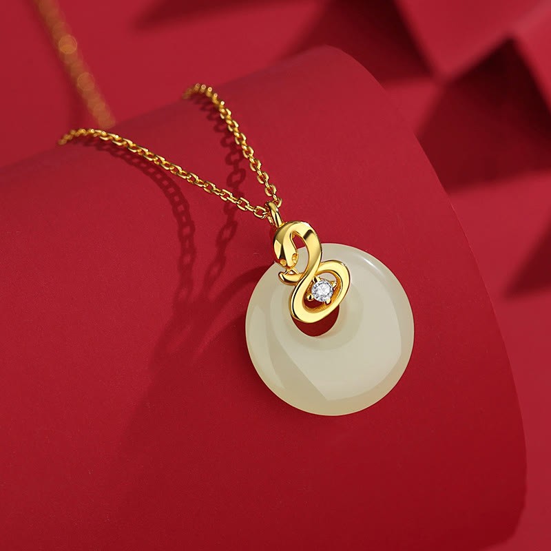 925 Sterling Silver Hetian Jade Year Of The Snake Peace Buckle Blessing Necklace Pendant