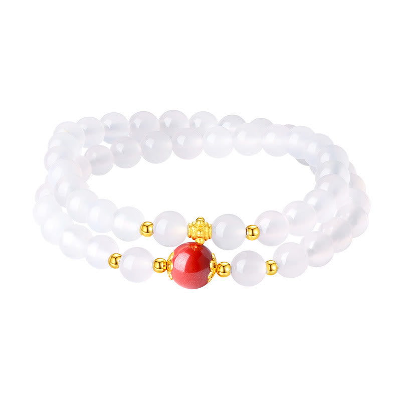 925 Sterling Silver Natural White Agate Cinnabar Double Wrap Protection Bracelet