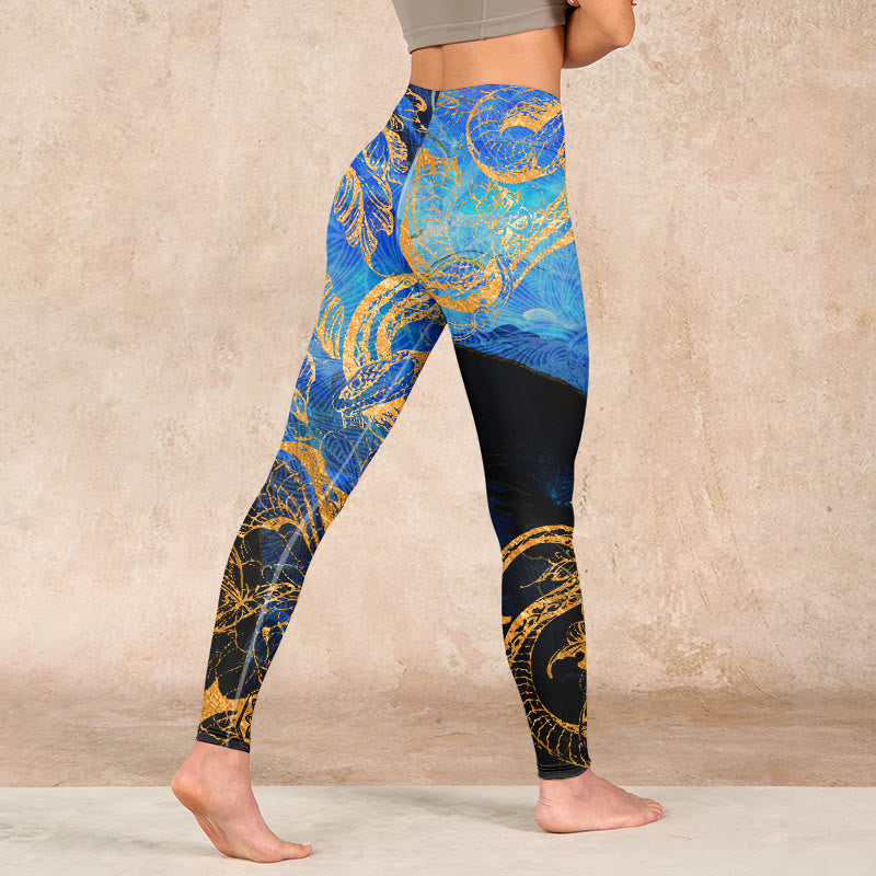 Black Snake Butterfly Flower Leaves Print Gym Leggings Women's Yoga Pants