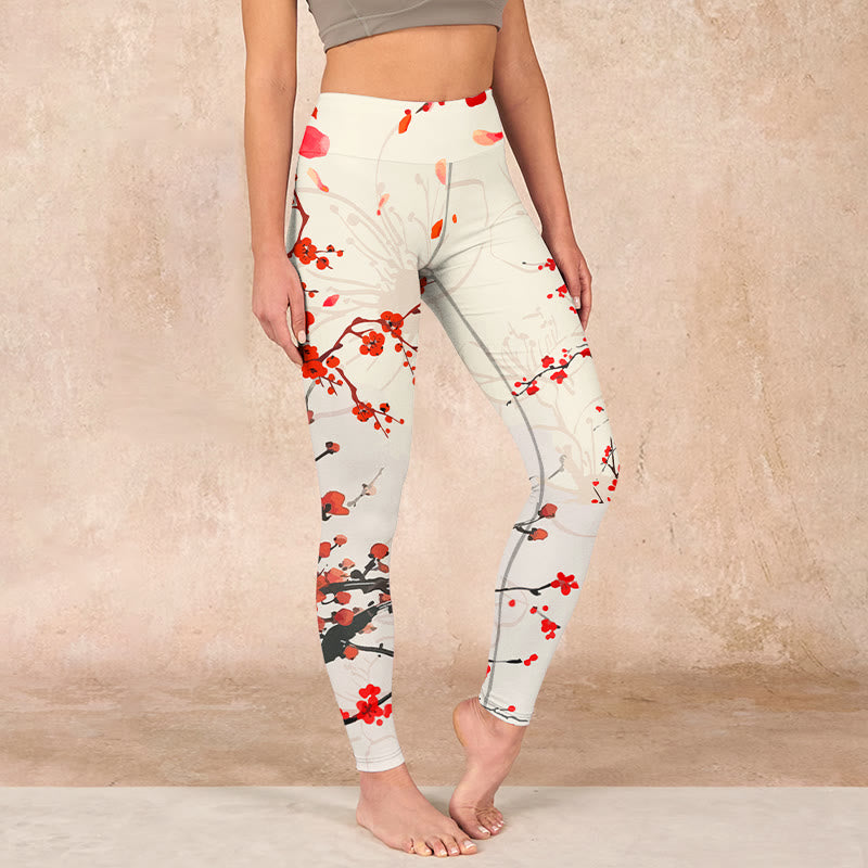 Blooming Red Plum Blossoms Print Gym Leggings Women's Yoga Pants