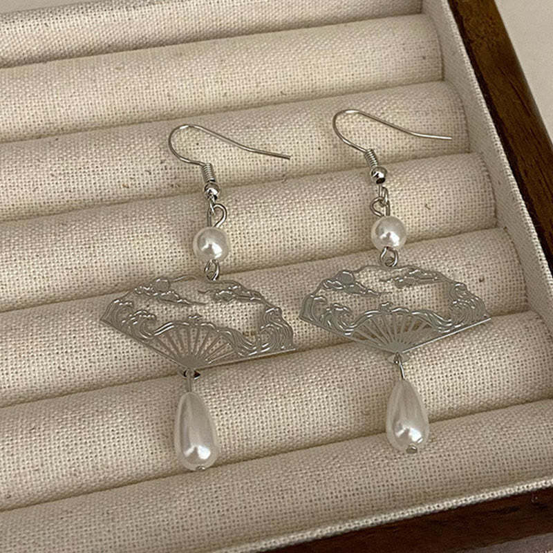 Copper Fan Auspicious Clouds Pearl Healing Drop Earrings