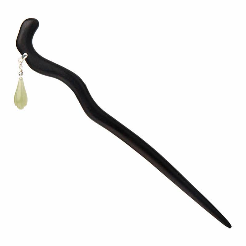 925 Sterling Silver Natural Hetian Jade Ebony Wood Luck Charm Hairpin