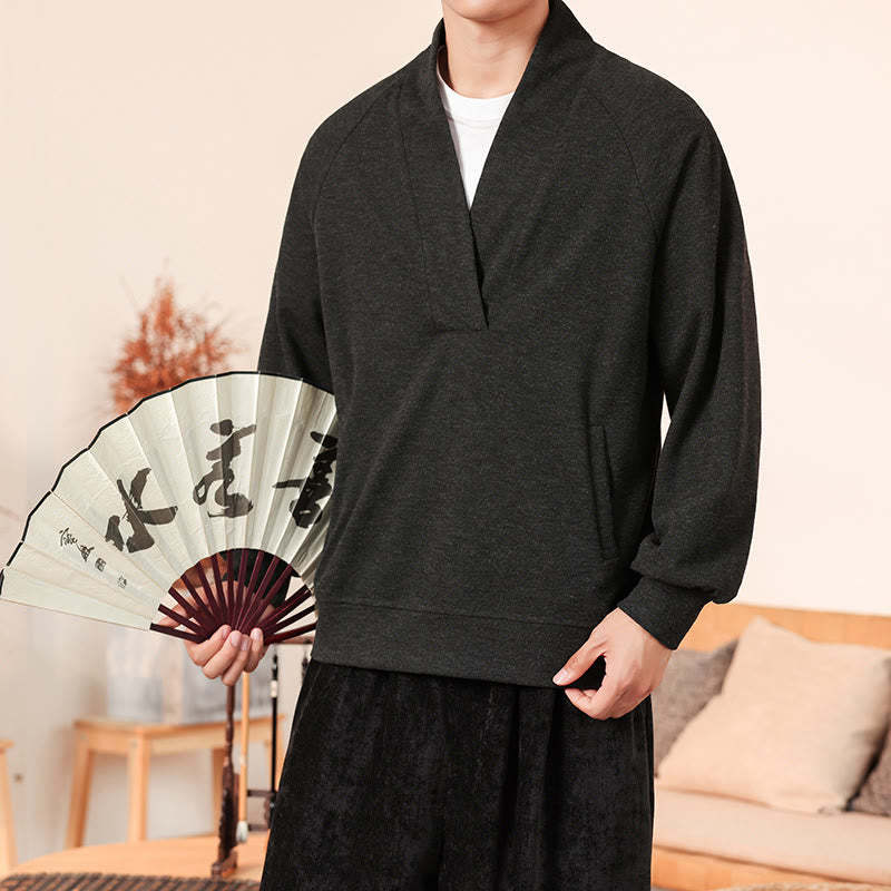 Fall Simple V-Neck Men's Sweatshirt Cotton Pullover With Pockets
