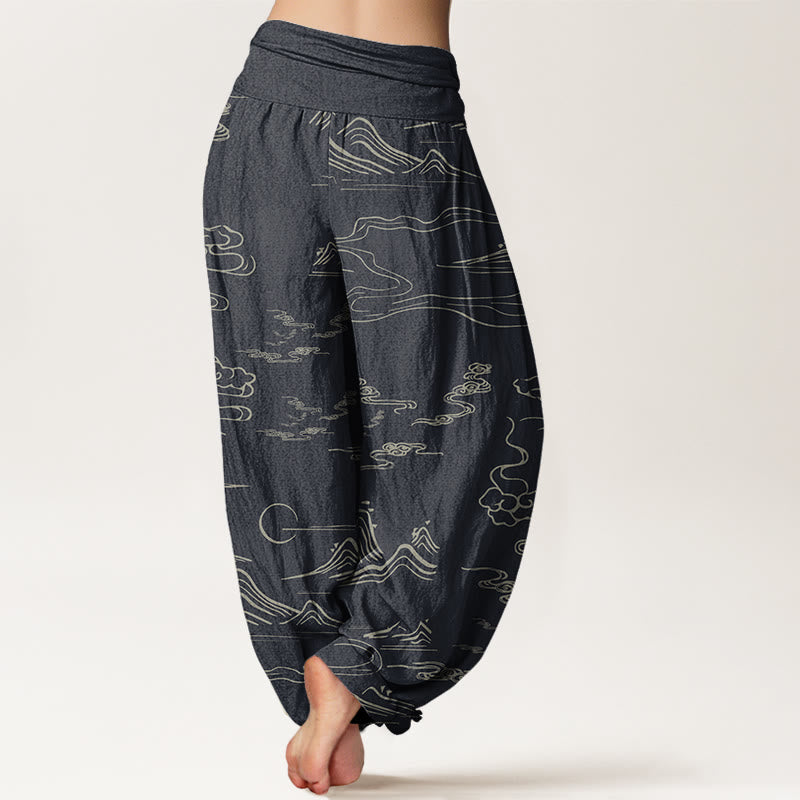 Mountain Moon Auspicious Clouds Pattern Women's Elastic Waist Harem Pants