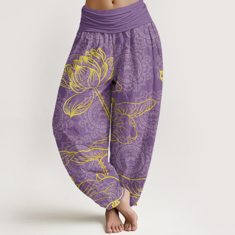 Golden Lotus Mandala Pattern Women's Elastic Waist Harem Pants