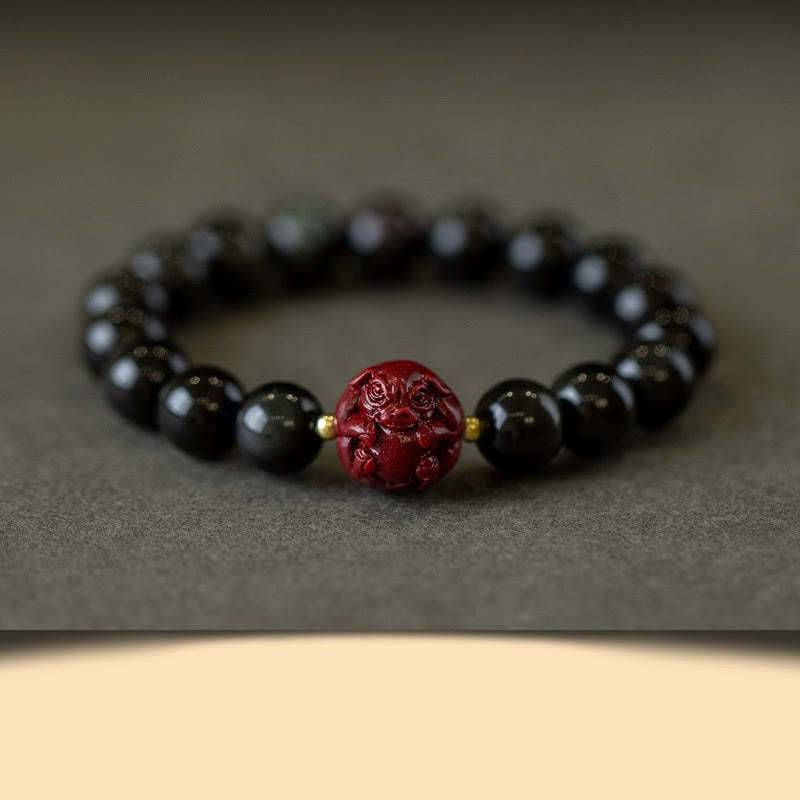 Chinese Zodiac Natural Black Obsidian Cinnabar Purification Bracelet